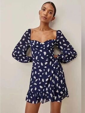 Reformation Cammi Mini Dress Blue Polka Dot Long Sleeve 4 Small